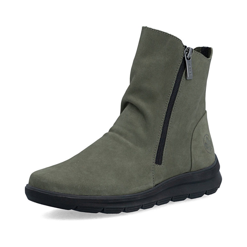 Rieker Z0068-54 women's green suede side zip ankle boots, front three-quarter view.