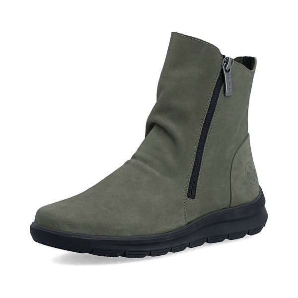 Rieker Z0068-54 women's green suede side zip ankle boots, front three-quarter view.