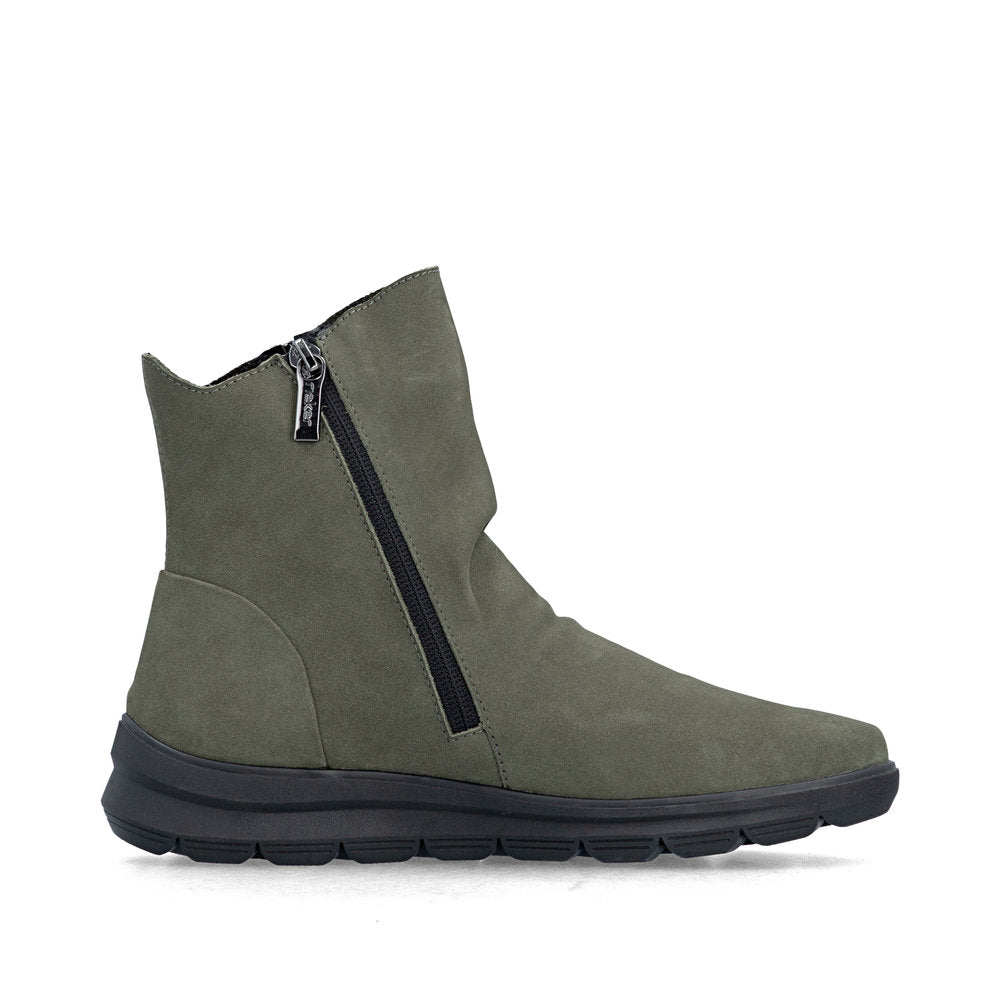 Rieker Z0068-54 women's green suede side zip ankle boots, outer side view.