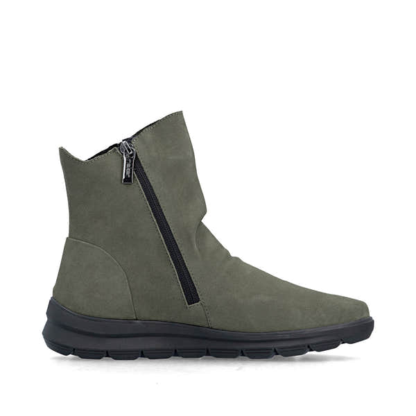 Rieker Z0068-54 women's green suede side zip ankle boots, outer side view.