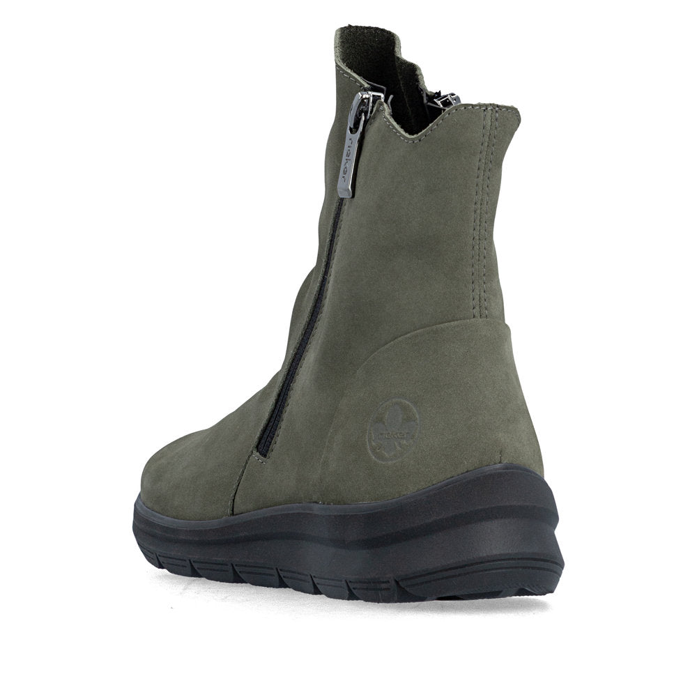 Rieker Z0068-54 women's green suede side zip ankle boots, rear three-quarter view.
