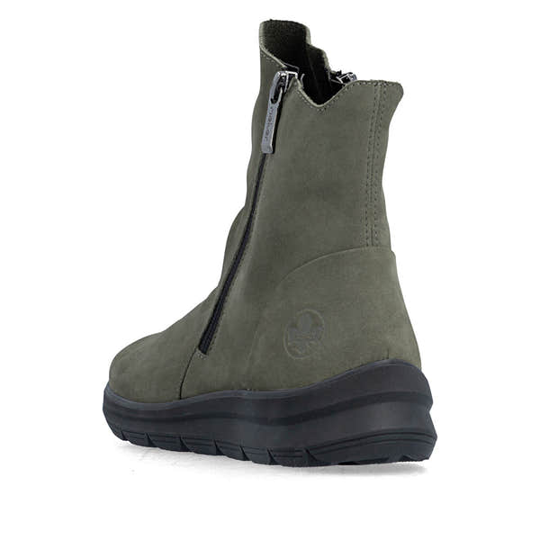 Rieker Z0068-54 women's green suede side zip ankle boots, rear three-quarter view.