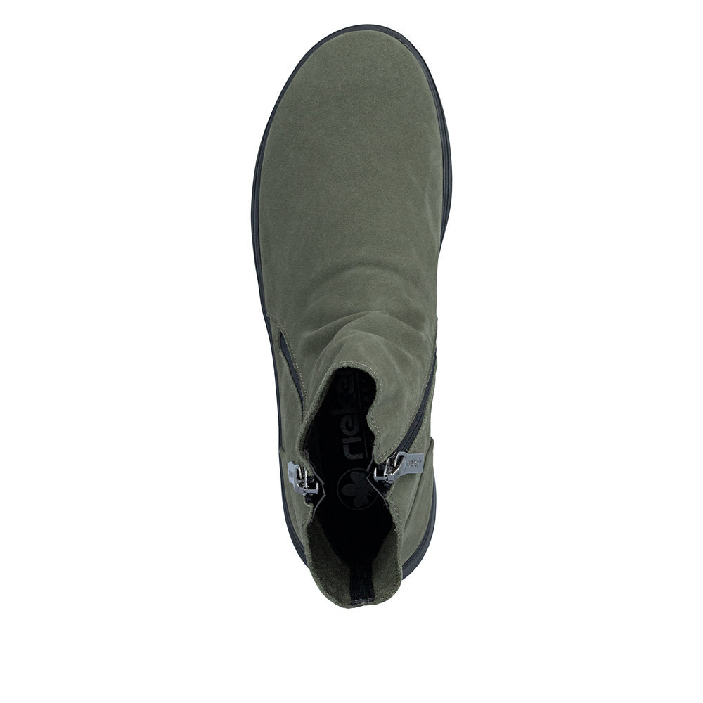 Rieker Z0068-54 women's green suede side zip ankle boots, top view.