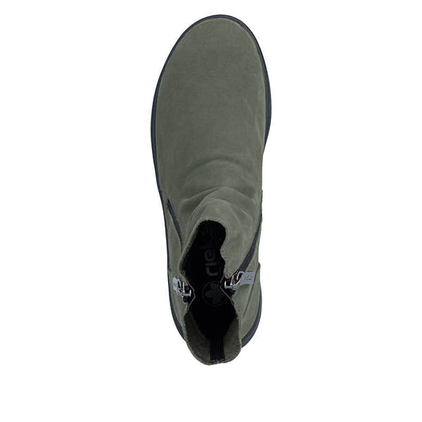 Rieker Z0068-54 women's green suede side zip ankle boots, top view.
