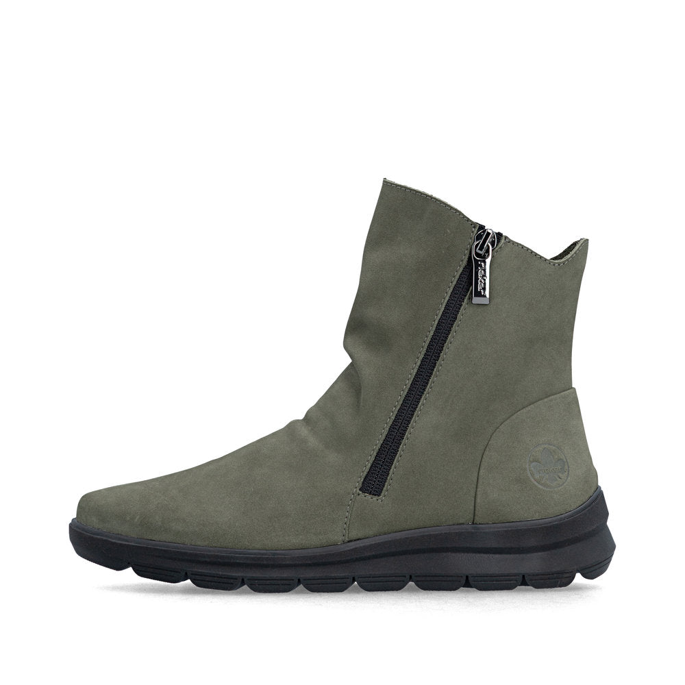 Rieker Z0068-54 women's green suede side zip ankle boots, inner side view.