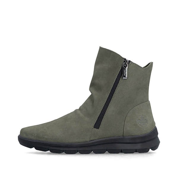 Rieker Z0068-54 women's green suede side zip ankle boots, inner side view.