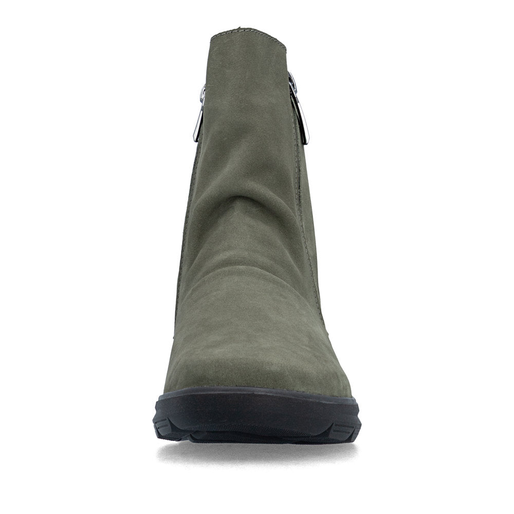 Rieker Z0068-54 women's green suede side zip ankle boots, front view.