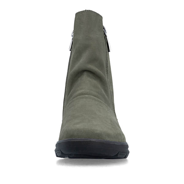 Rieker Z0068-54 women's green suede side zip ankle boots, front view.