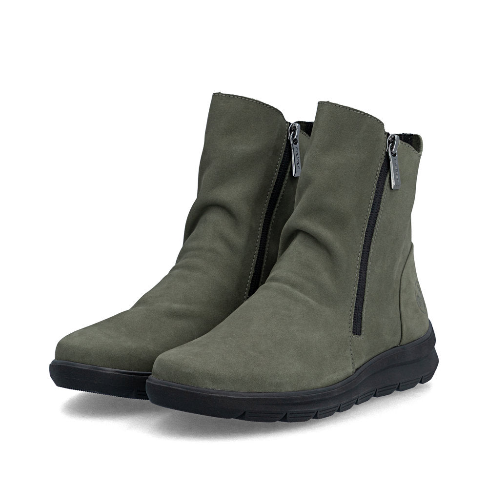 Rieker Z0068-54 women's green suede side zip ankle boots, paired three-quarter view.