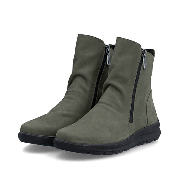 Rieker Z0068-54 women's green suede side zip ankle boots, paired three-quarter view.