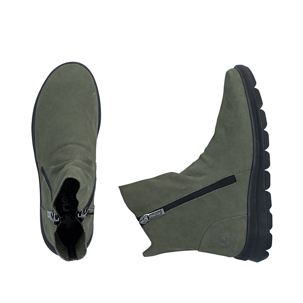 Rieker Z0068-54 women's green suede side zip ankle boots, two-angle product view.