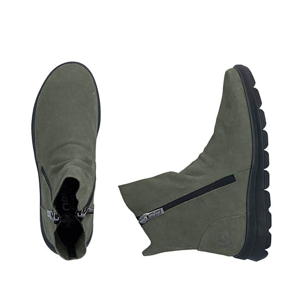 Rieker Z0068-54 women's green suede side zip ankle boots, two-angle product view.