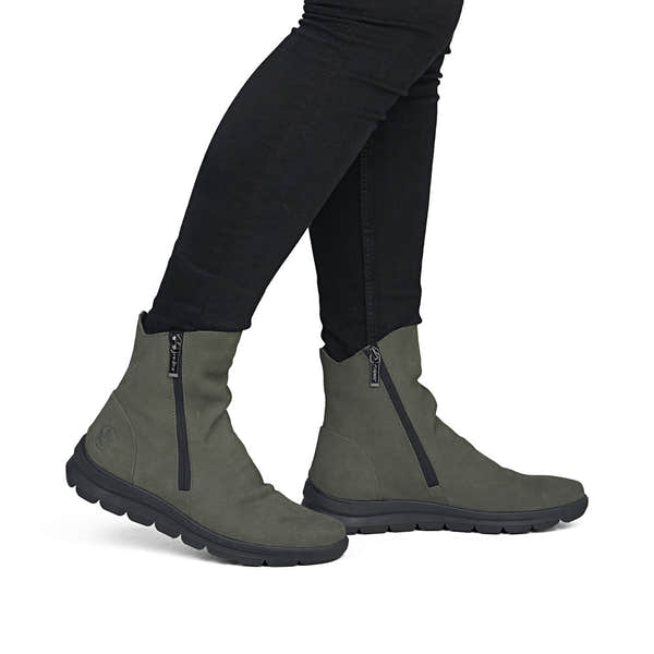 Rieker Z0068-54 women's green suede side zip ankle boots, on-foot lifestyle view.