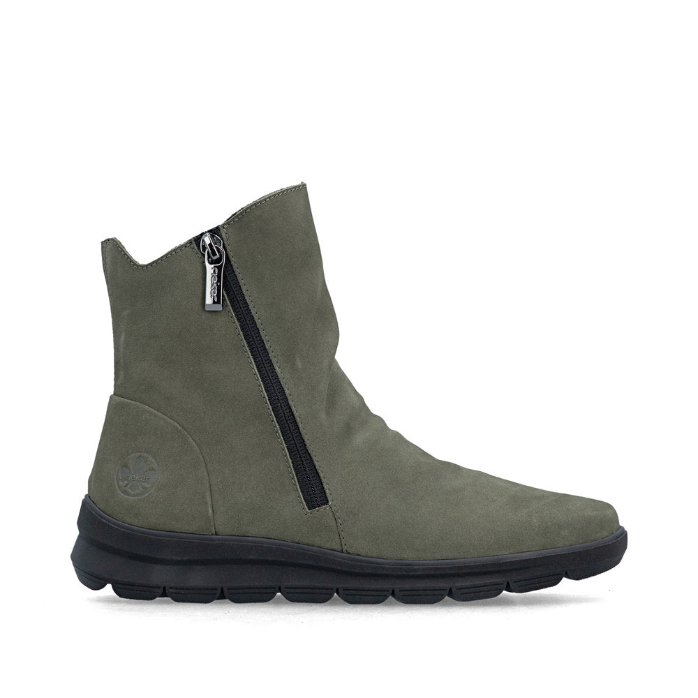 Rieker Z0068-54 women's green suede side zip ankle boots, opposite side view.