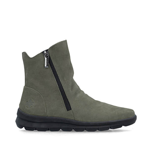 Rieker Z0068-54 women's green suede side zip ankle boots, opposite side view.