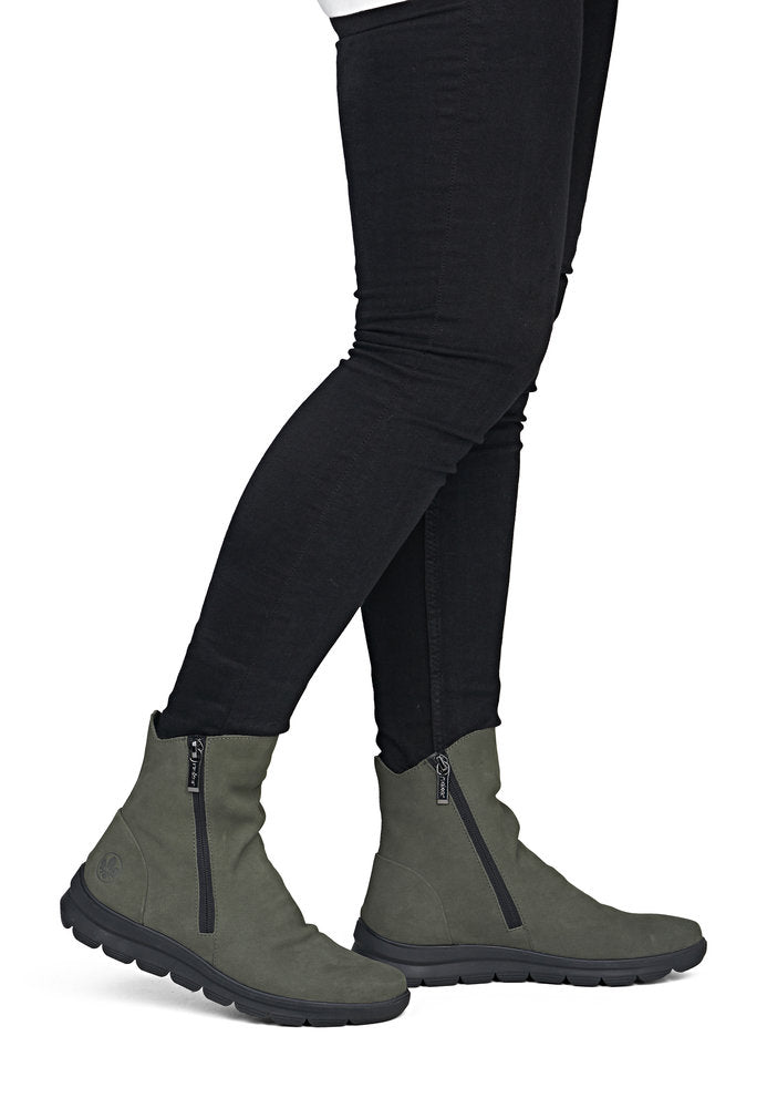 Rieker Z0068-54 women's green suede side zip ankle boots, on-foot lifestyle view.