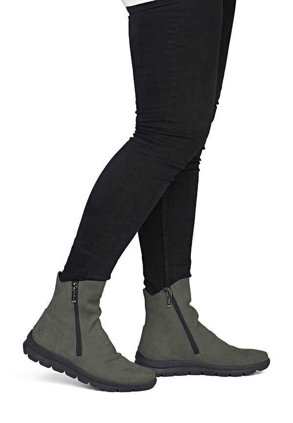 Rieker Z0068-54 women's green suede side zip ankle boots, on-foot lifestyle view.