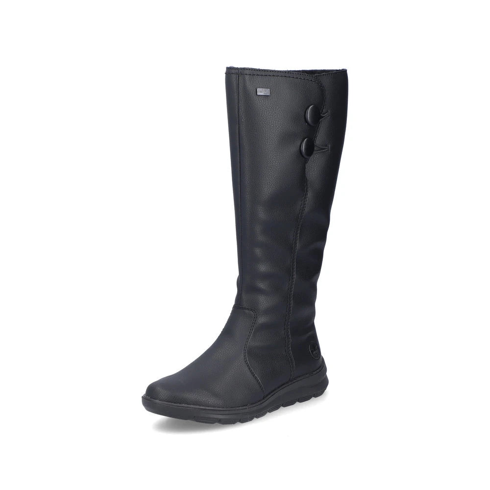 Rieker Z0090-00 women's black water resistant side zip knee high boots, front three-quarter view.