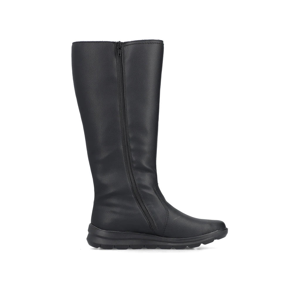 Rieker Z0090-00 women's black water resistant side zip knee high boots, outer side view.