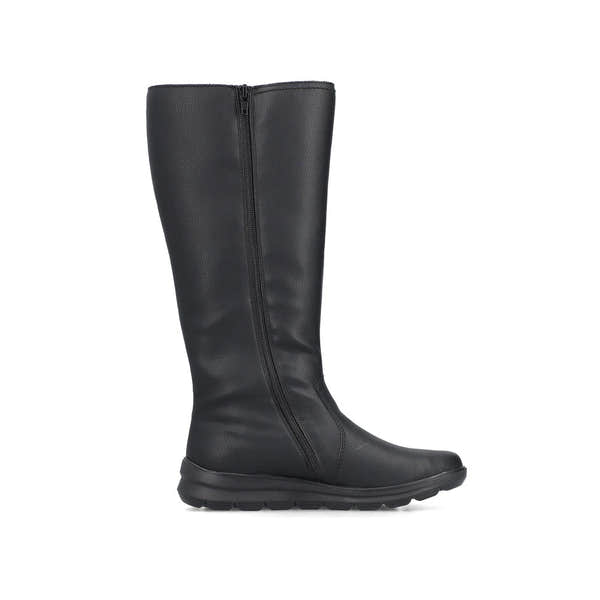 Rieker Z0090-00 women's black water resistant side zip knee high boots, outer side view.