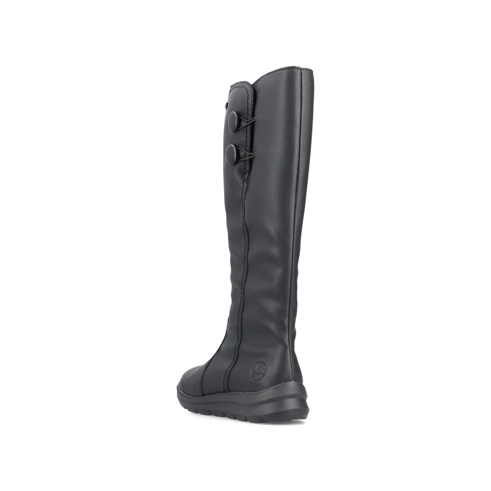 Rieker Z0090-00 women's black water resistant side zip knee high boots, rear three-quarter view.