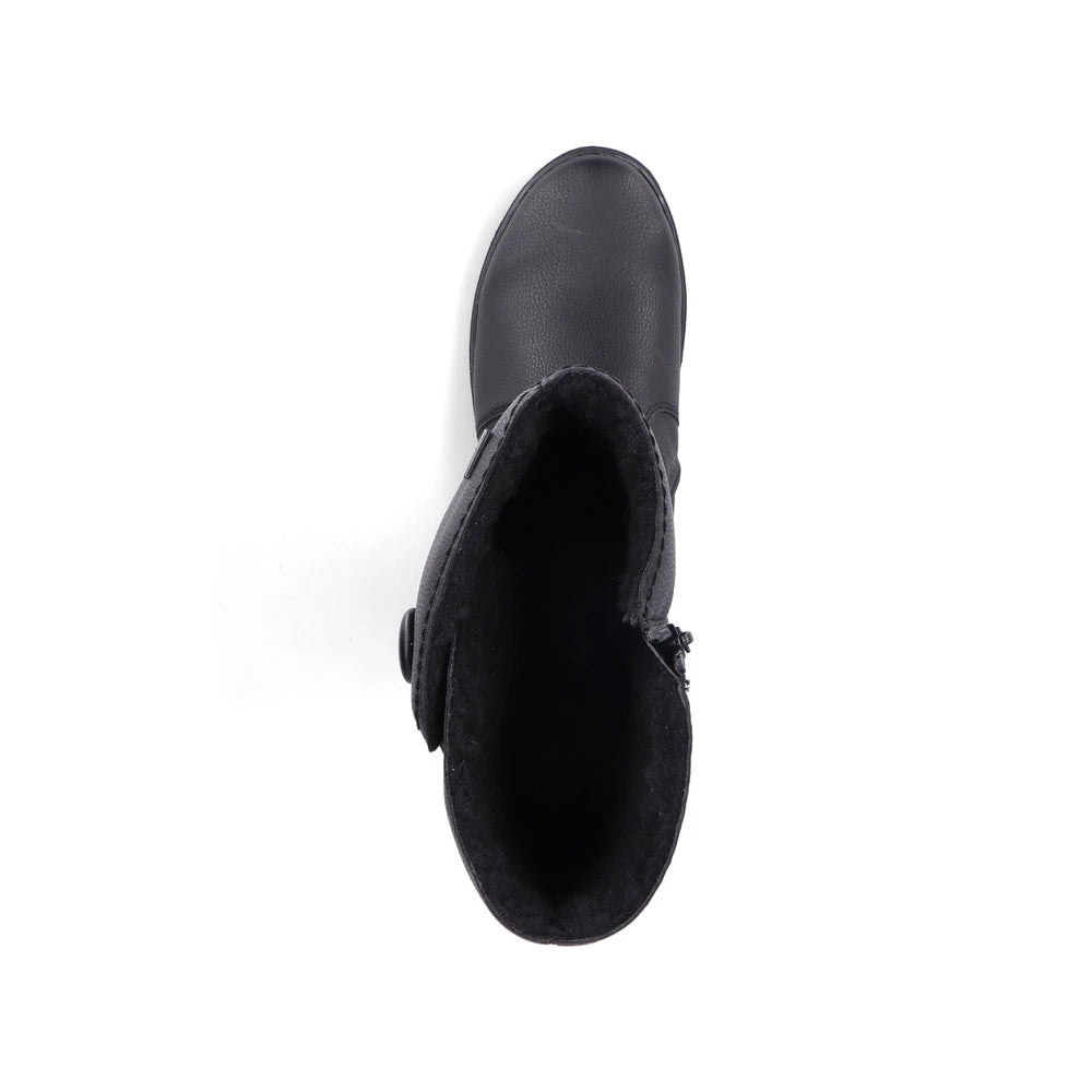 Rieker Z0090-00 women's black water resistant side zip knee high boots, top view.