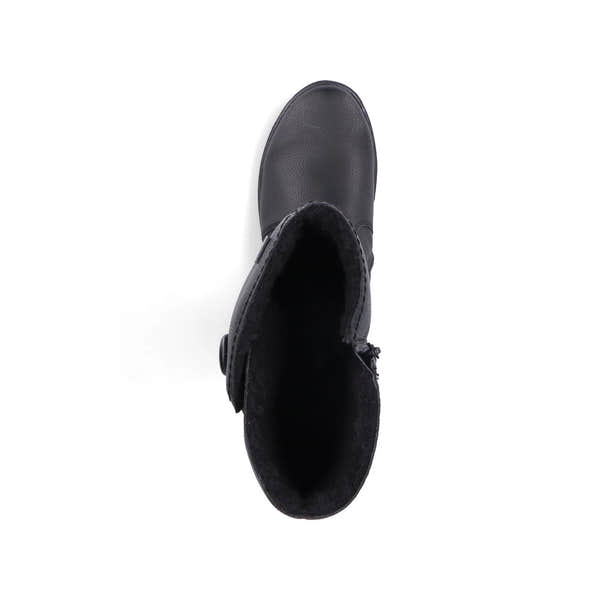 Rieker Z0090-00 women's black water resistant side zip knee high boots, top view.