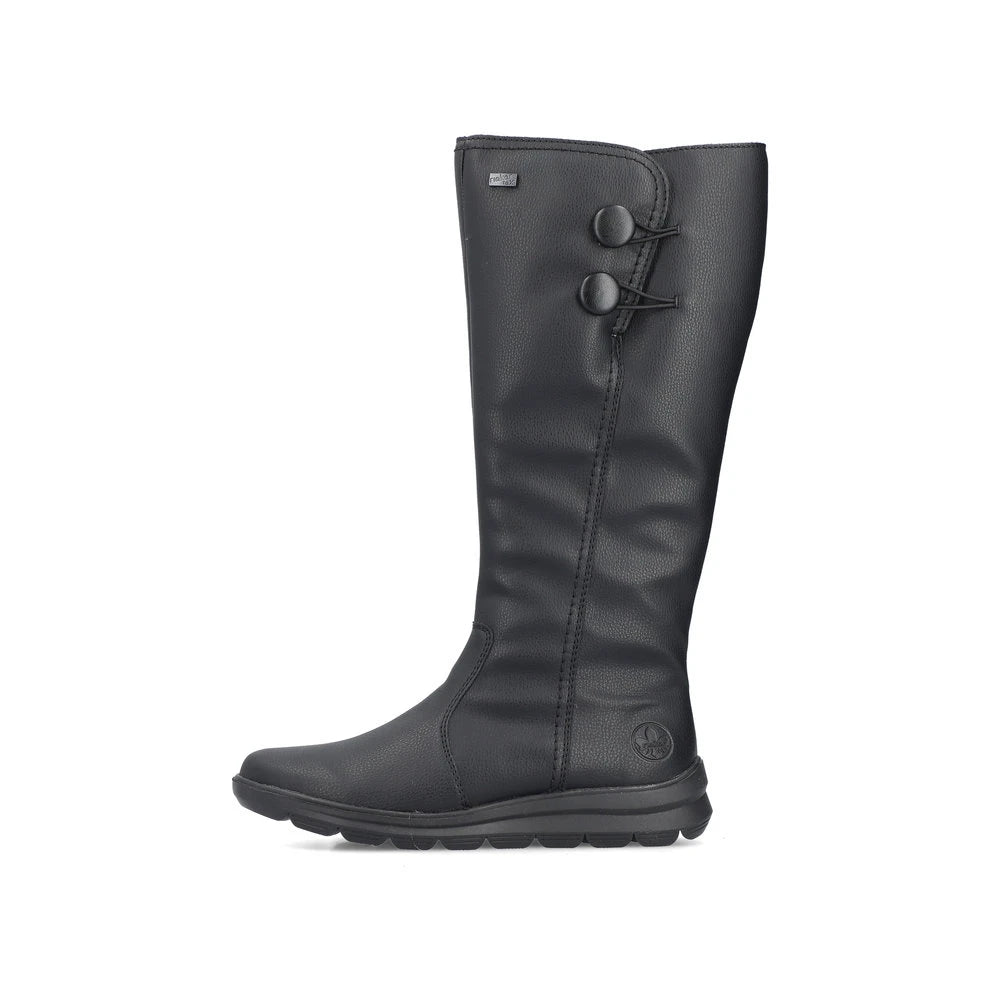 Rieker Z0090-00 women's black water resistant side zip knee high boots, inner side view.