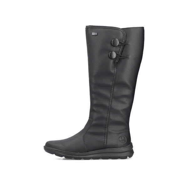 Rieker Z0090-00 women's black water resistant side zip knee high boots, inner side view.