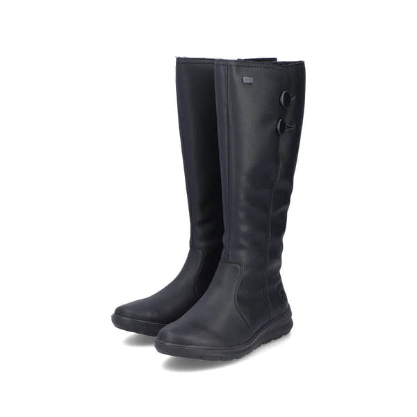 Rieker Z0090-00 women's black water resistant side zip knee high boots, paired three-quarter view.