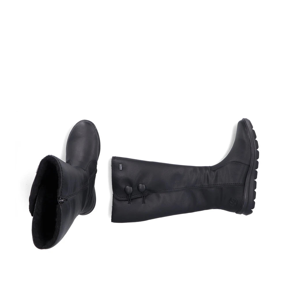 Rieker Z0090-00 women's black water resistant side zip knee high boots, two-angle product view.