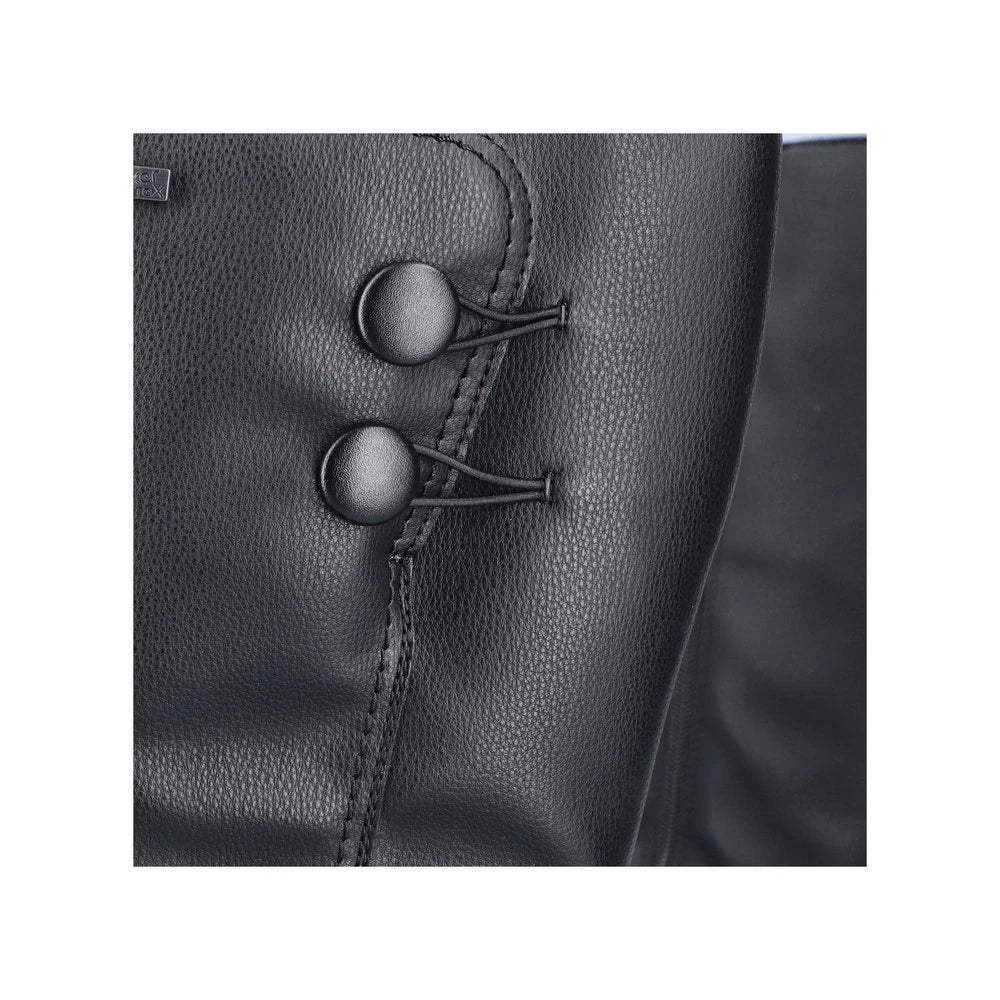 Rieker Z0090-00 women's black water resistant side zip knee high boots, lifestyle view.