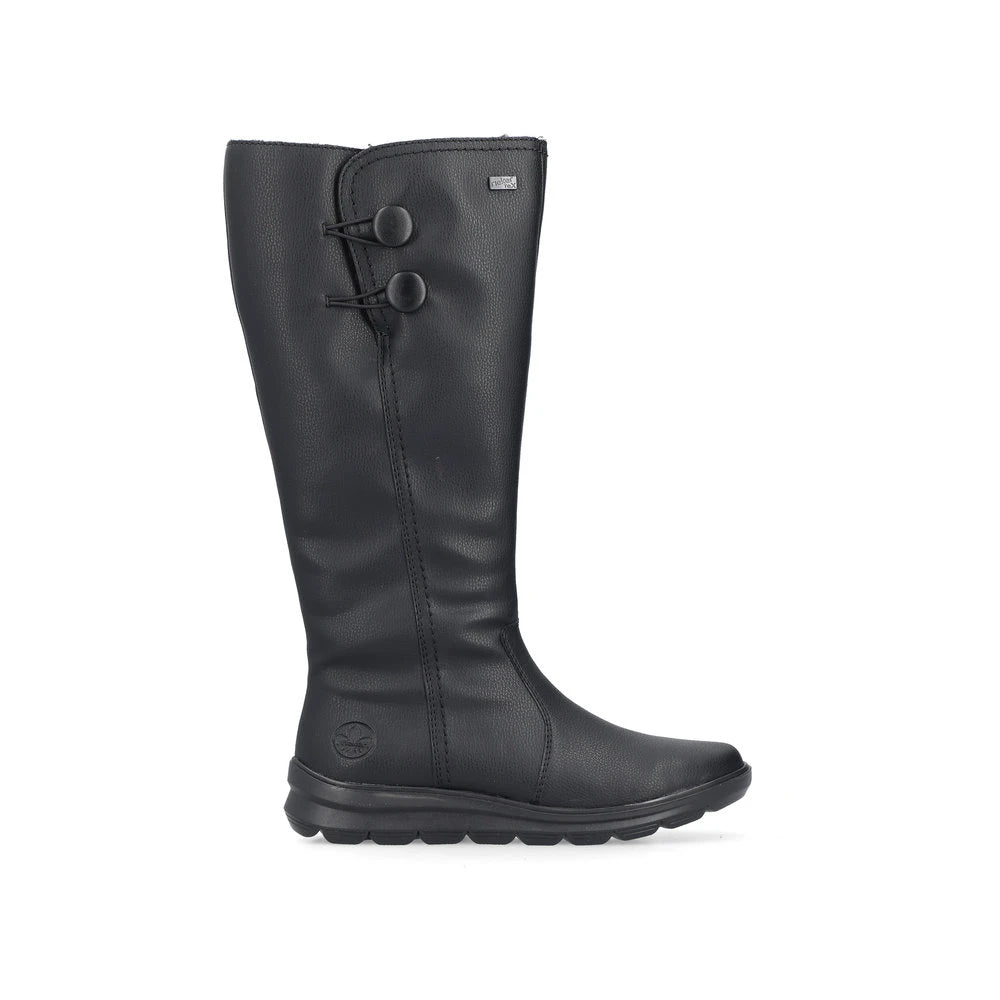 Rieker Z0090-00 women's black water resistant side zip knee high boots, opposite side view.