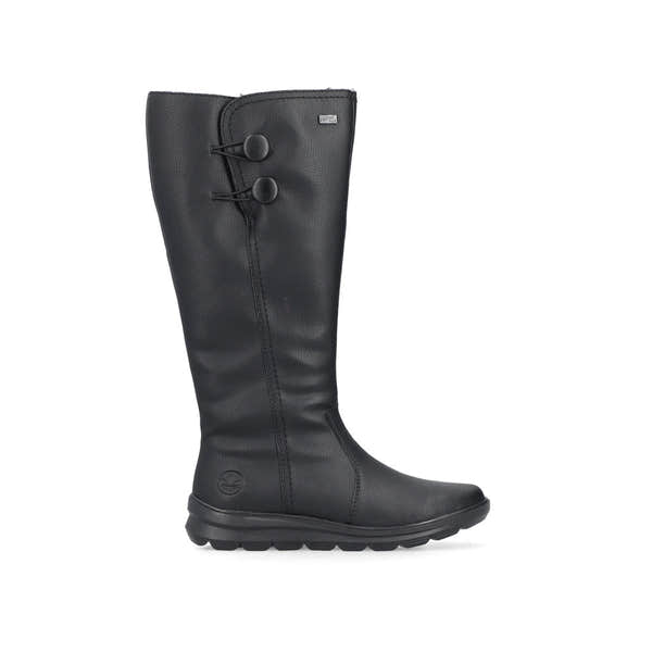 Rieker Z0090-00 women's black water resistant side zip knee high boots, opposite side view.