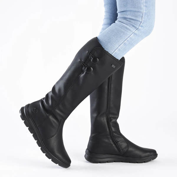 Rieker Z0090-00 women's black water resistant side zip knee high boots, lifestyle view 1 of 4.