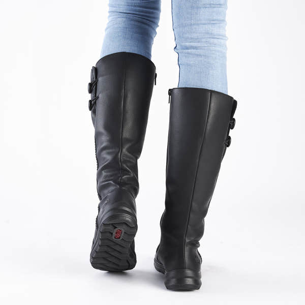 Rieker Z0090-00 women's black water resistant side zip knee high boots, lifestyle view 4 of 4.