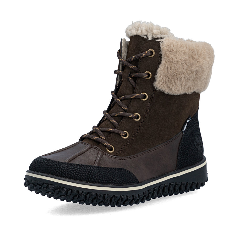 Rieker Z4203-25 women's multi water resistant zip & lace ankle boots, front three-quarter view.