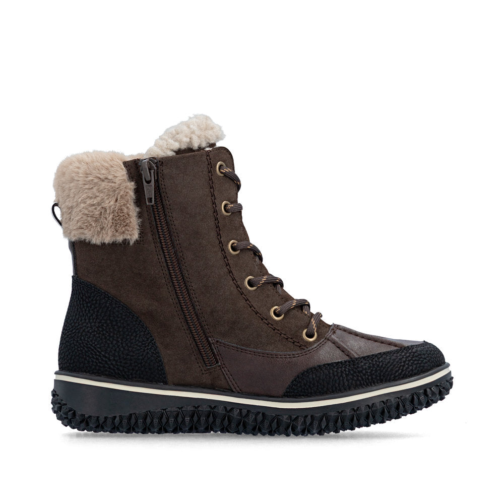Rieker Z4203-25 women's multi water resistant zip & lace ankle boots, outer side view.