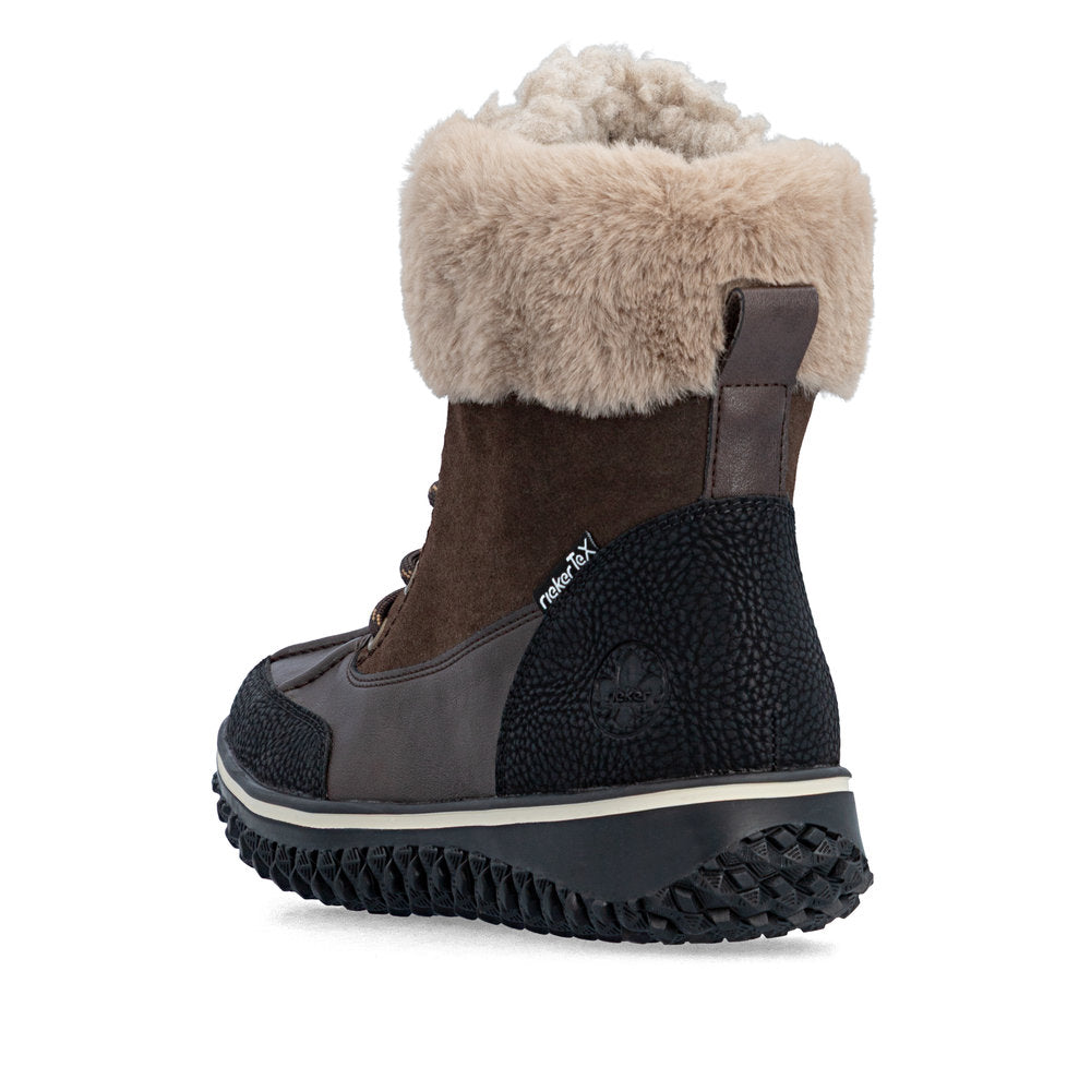 Rieker Z4203-25 women's multi water resistant zip & lace ankle boots, rear three-quarter view.