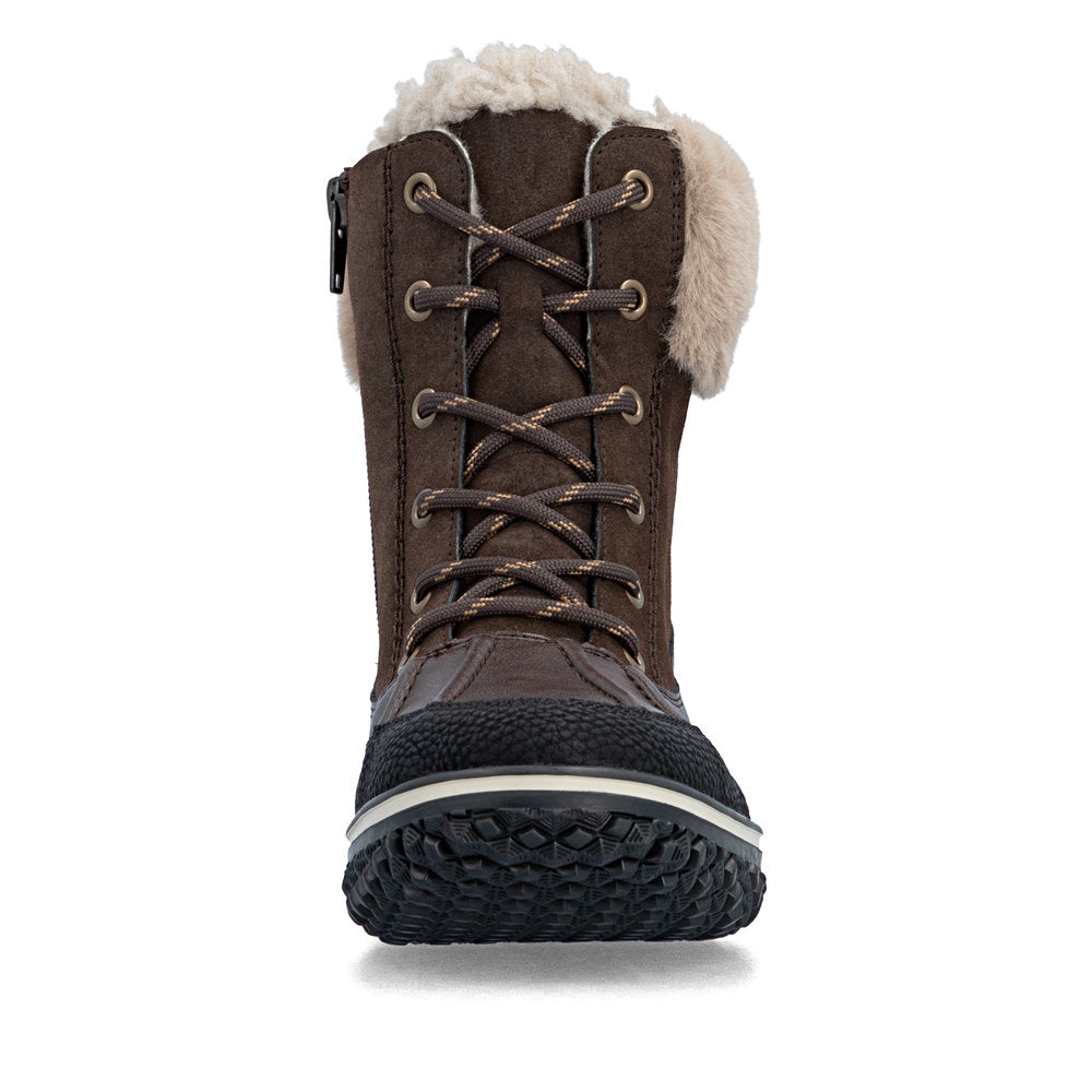Rieker Z4203-25 women's multi water resistant zip & lace ankle boots, front view.