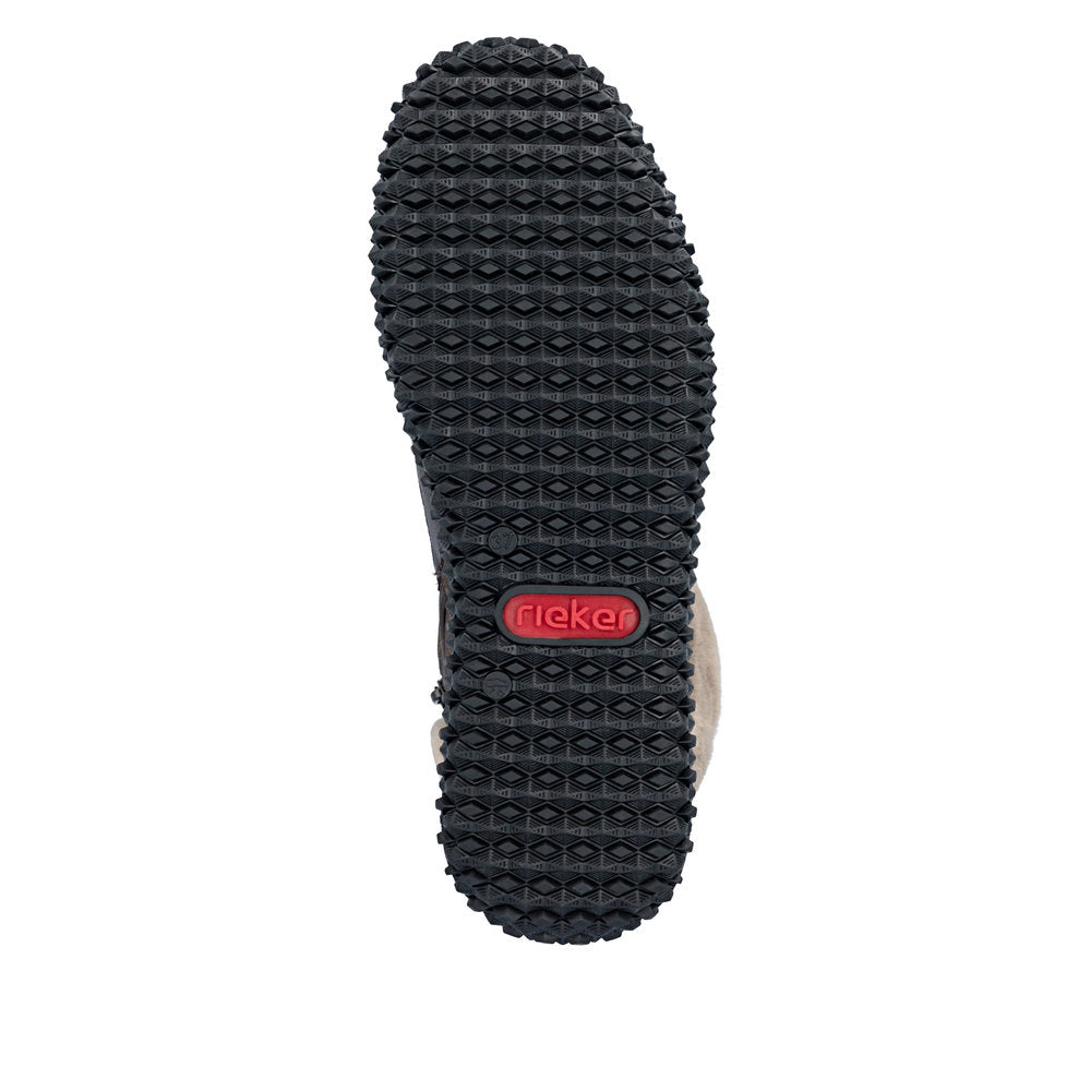 Rieker Z4203-25 women's multi water resistant zip & lace ankle boots, sole and tread view.