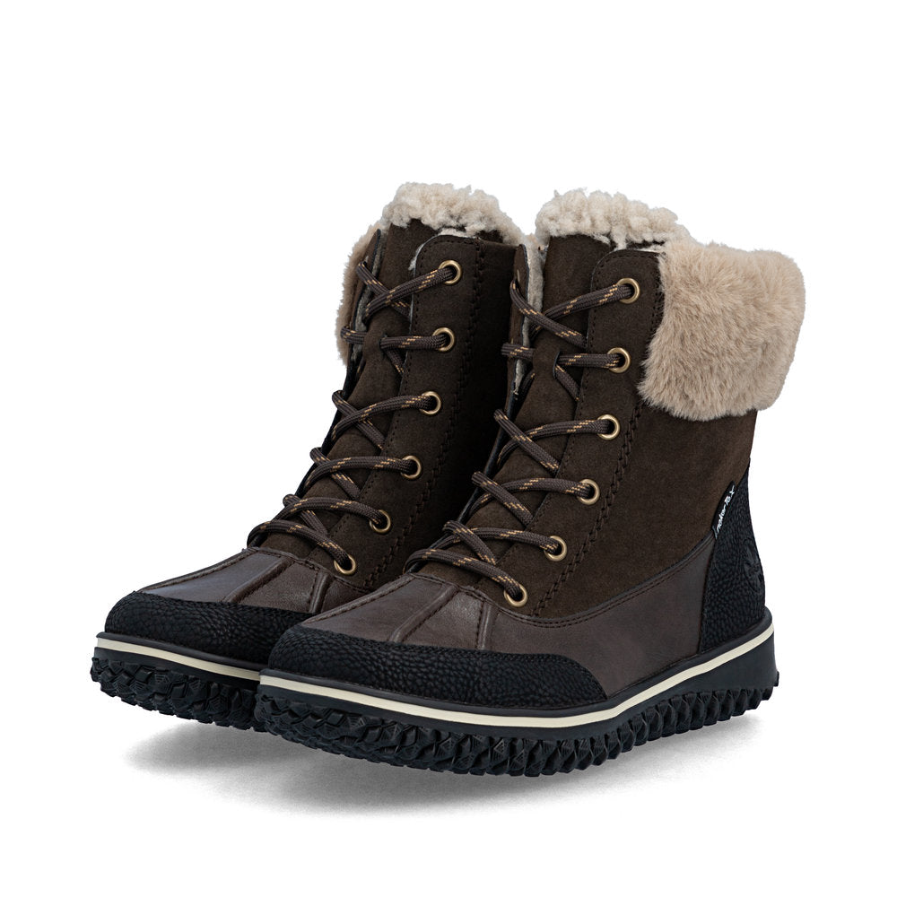 Rieker Z4203-25 women's multi water resistant zip & lace ankle boots, paired three-quarter view.