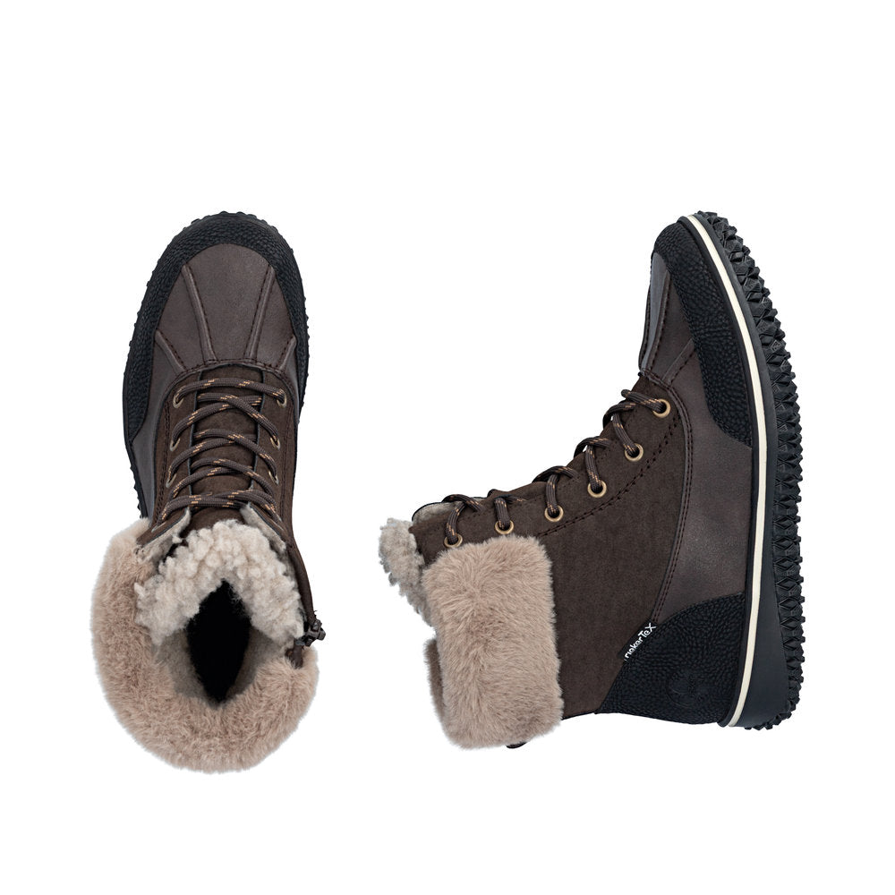 Rieker Z4203-25 women's multi water resistant zip & lace ankle boots, two-angle product view.