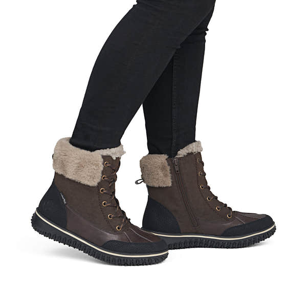Rieker Z4203-25 women's multi water resistant zip & lace ankle boots, on-foot lifestyle view.