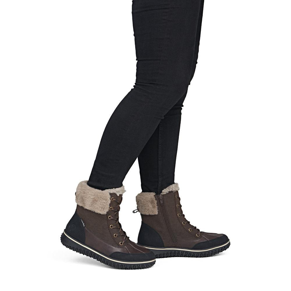 Rieker Z4203-25 women's multi water resistant zip & lace ankle boots, on-foot lifestyle view.
