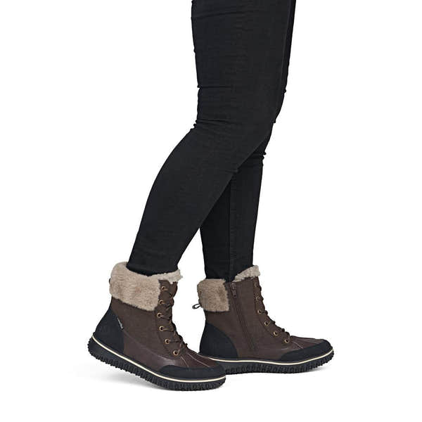 Rieker Z4203-25 women's multi water resistant zip & lace ankle boots, on-foot lifestyle view.