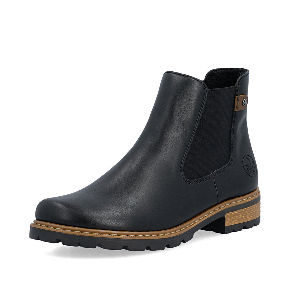 Rieker Z9340-00 women's black zip & lace ankle boots, front three-quarter view.
