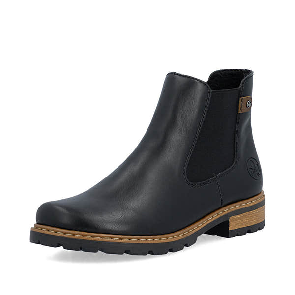 Rieker Z9340-00 women's black zip & lace ankle boots, front three-quarter view.