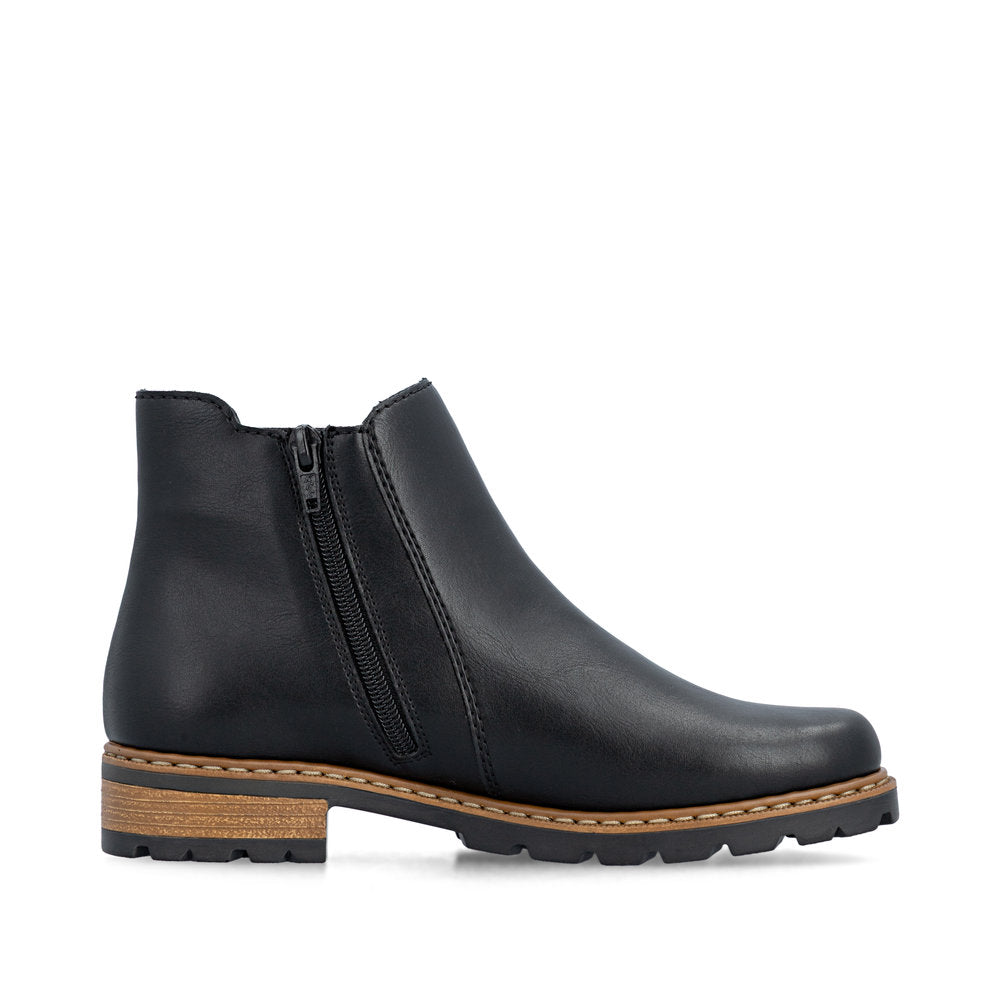 Rieker Z9340-00 women's black zip & lace ankle boots, outer side view.