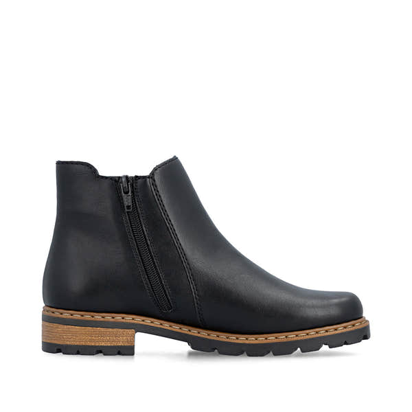 Rieker Z9340-00 women's black zip & lace ankle boots, outer side view.